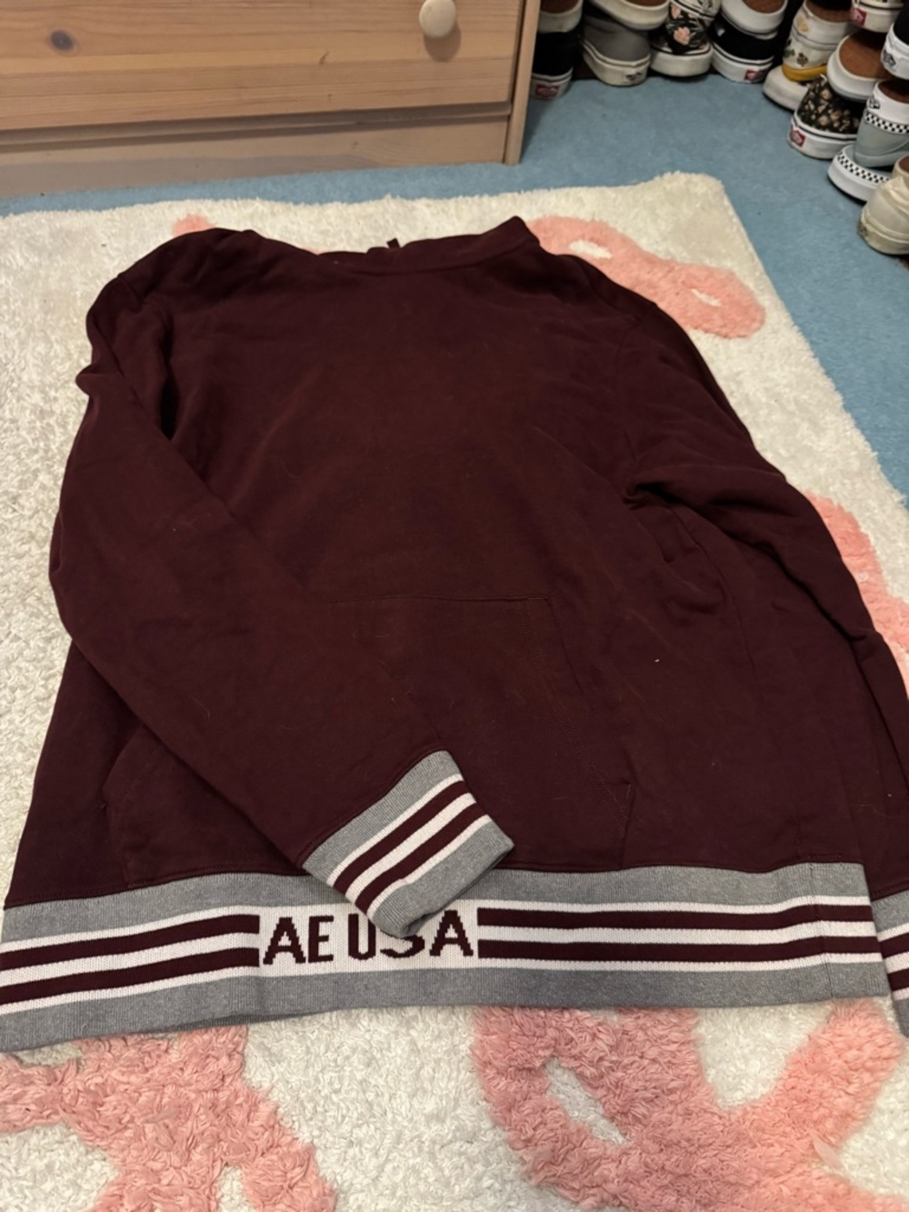 American Eagle Outfitters Burgundy hoodie Sweatshirt with Striped Hem